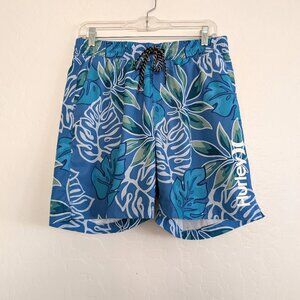HURLEY Swim Trunks Men's M Blue‎ White Leaf Beach Logo Tie Waist Lined Pull On